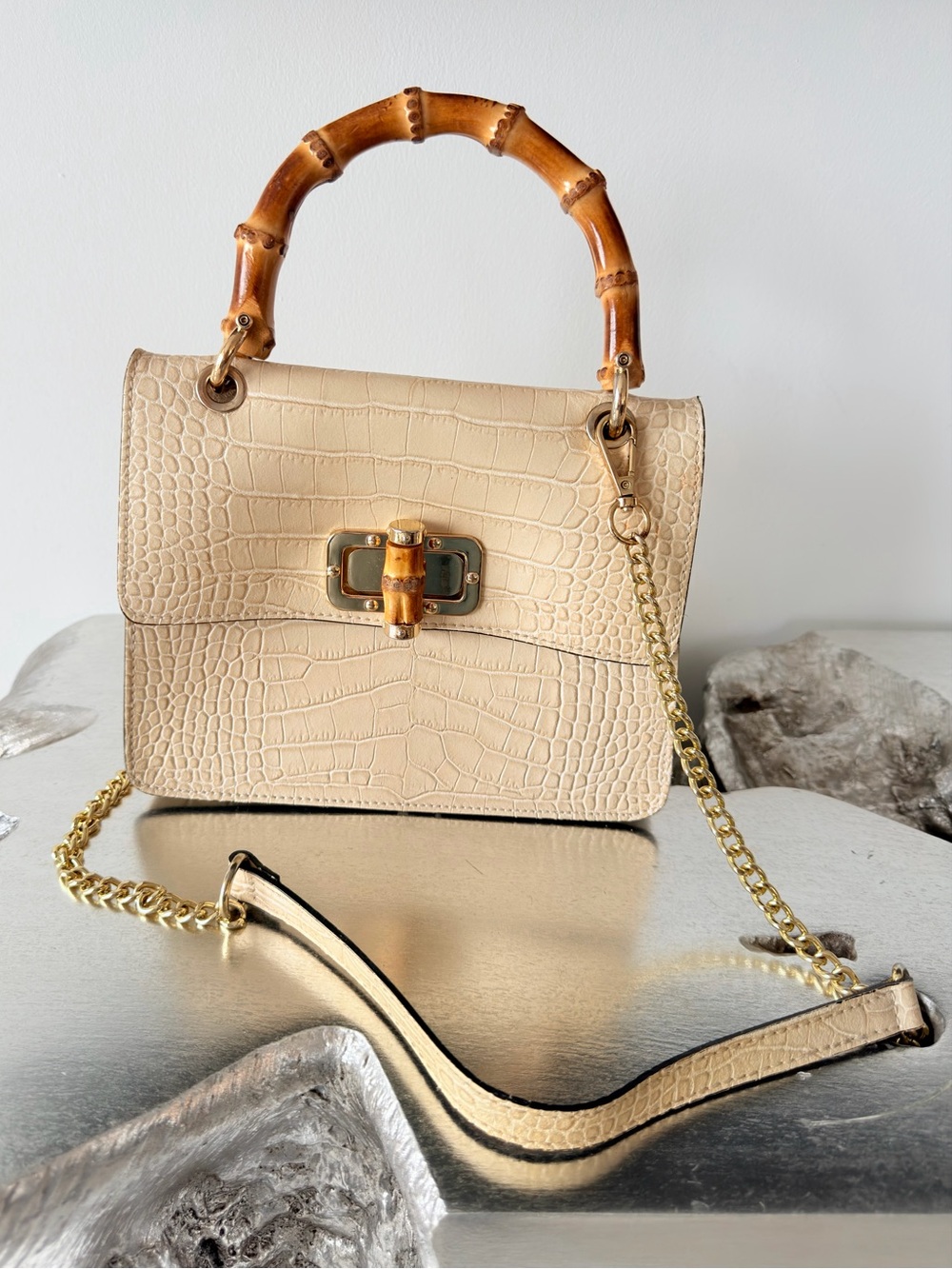 Leather Croc-Embossed Top-Handle Bag w/ Bamboo Accent | Made in Italy | Neutral